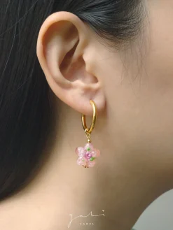 Pink Glass Flower Hoop Earrings