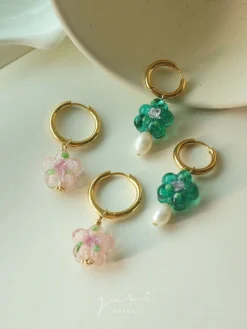 Pink Glass Flower Hoop Earrings