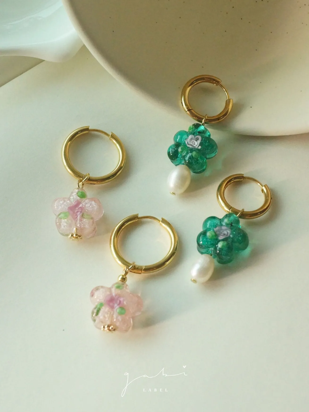 Pink Glass Flower Hoop Earrings