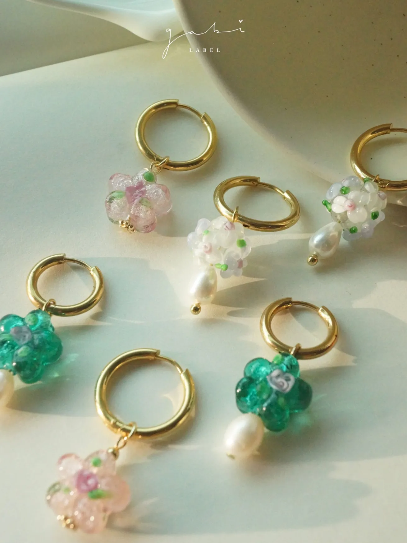 Pink Glass Flower Hoop Earrings