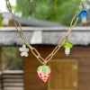 Pink Strawberry Charm Necklace with Colourful Mushrooms