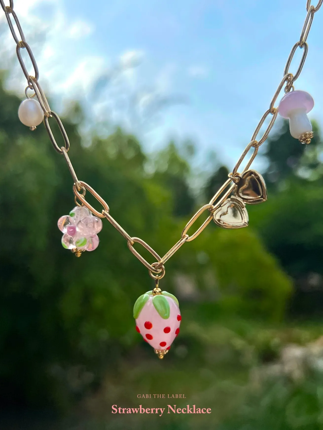 Pink Strawberry Charm Necklace with Petite Locket