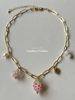 Pink Strawberry Charm Necklace with Petite Locket