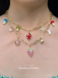 Pink Strawberry Charm Necklace with Petite Locket