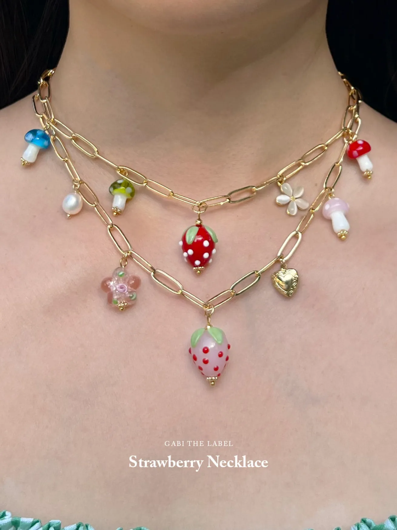 Pink Strawberry Charm Necklace with Petite Locket