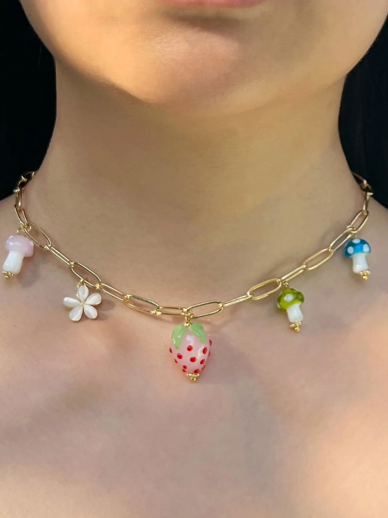 Pink Strawberry Charm Necklace with Colourful Mushrooms