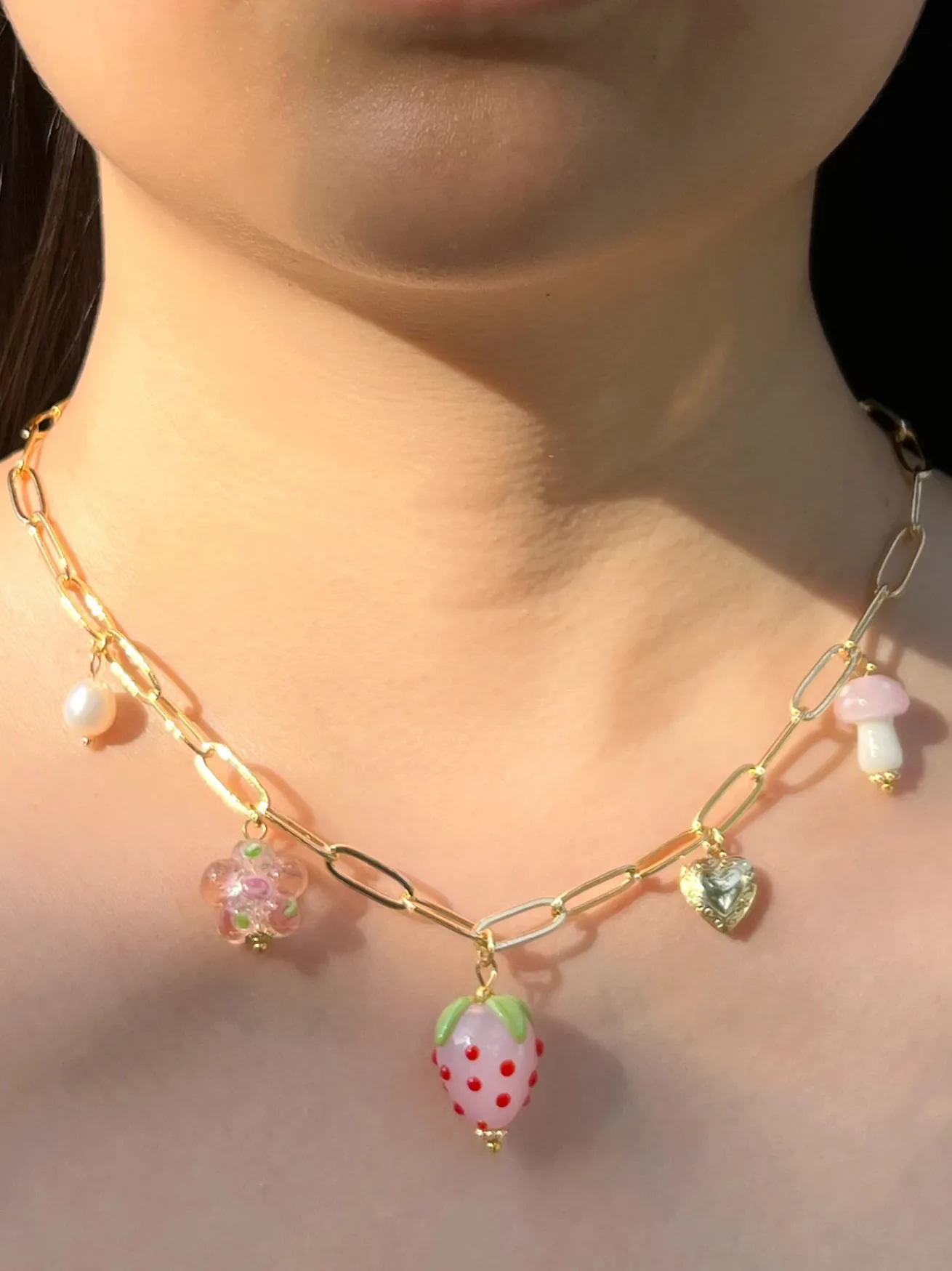 Pink Strawberry Charm Necklace with Petite Locket