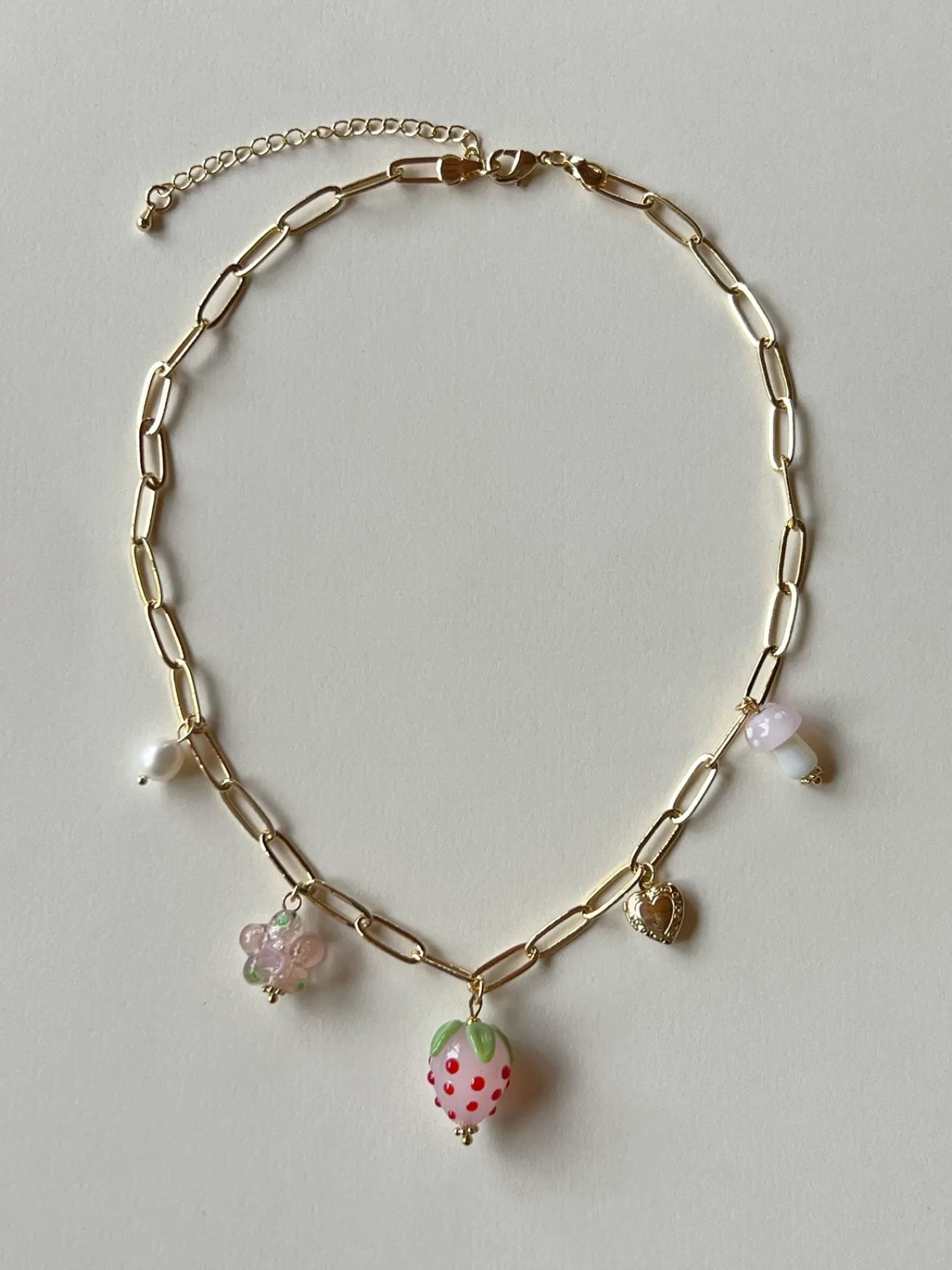 Pink Strawberry Charm Necklace with Petite Locket
