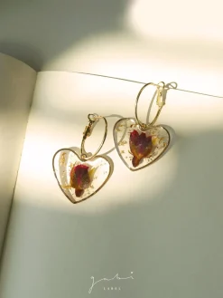 Pressed Flower Heart Hoops - Red