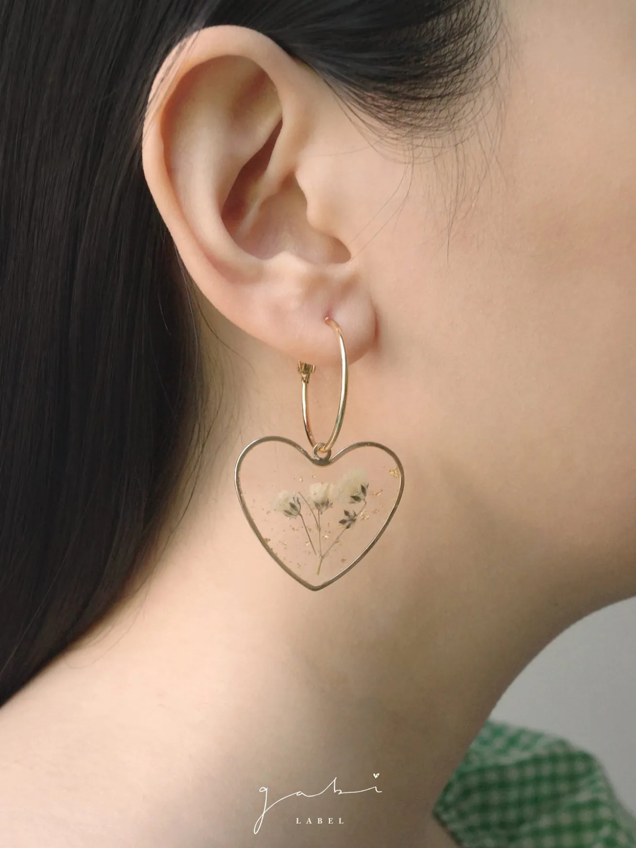 Pressed Flower Heart Hoops - Yellow