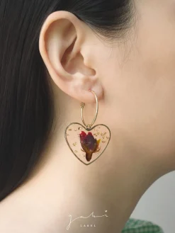 Pressed Flower Heart Hoops - Red