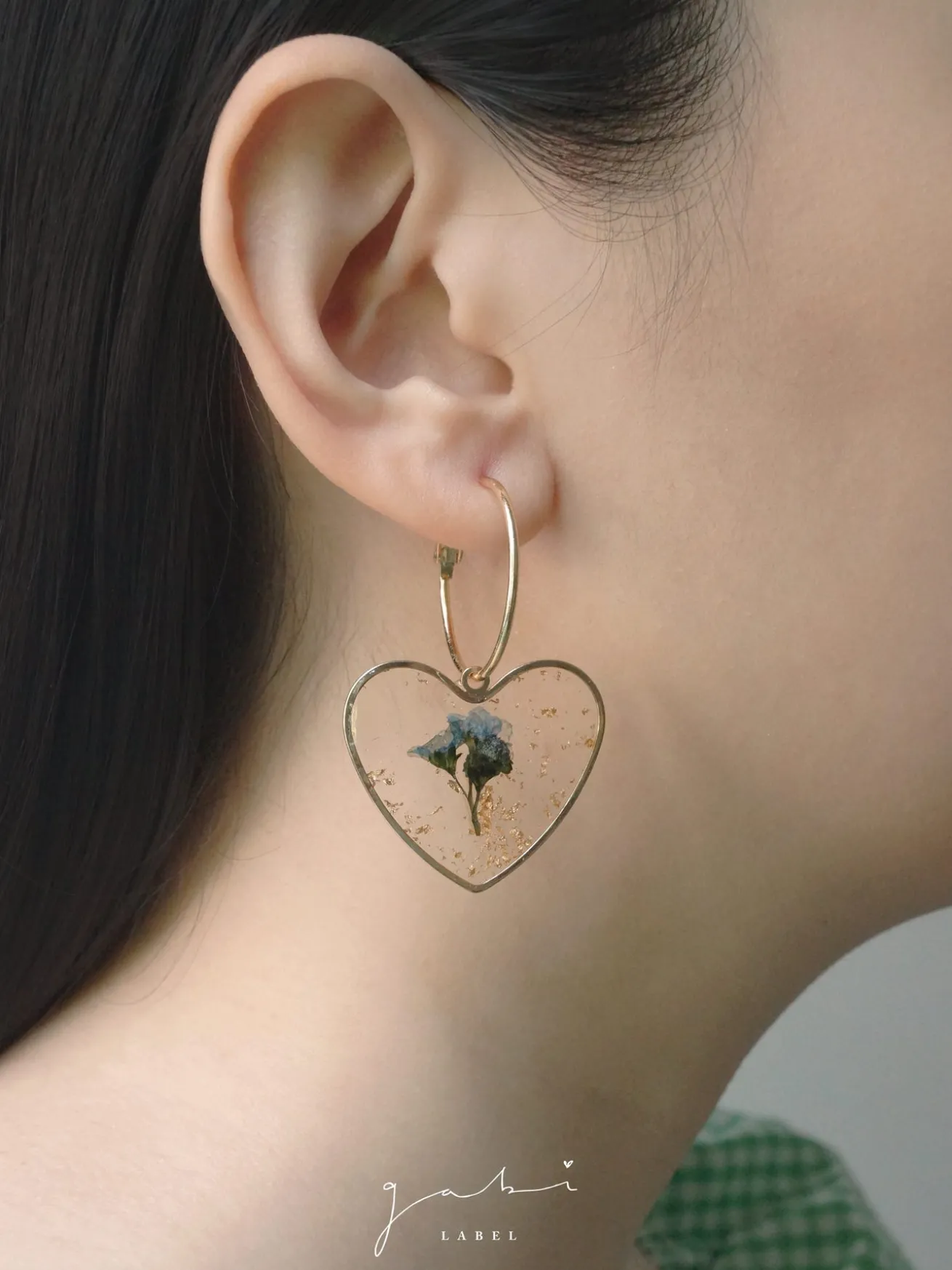 Pressed Flower Heart Hoops - Blue