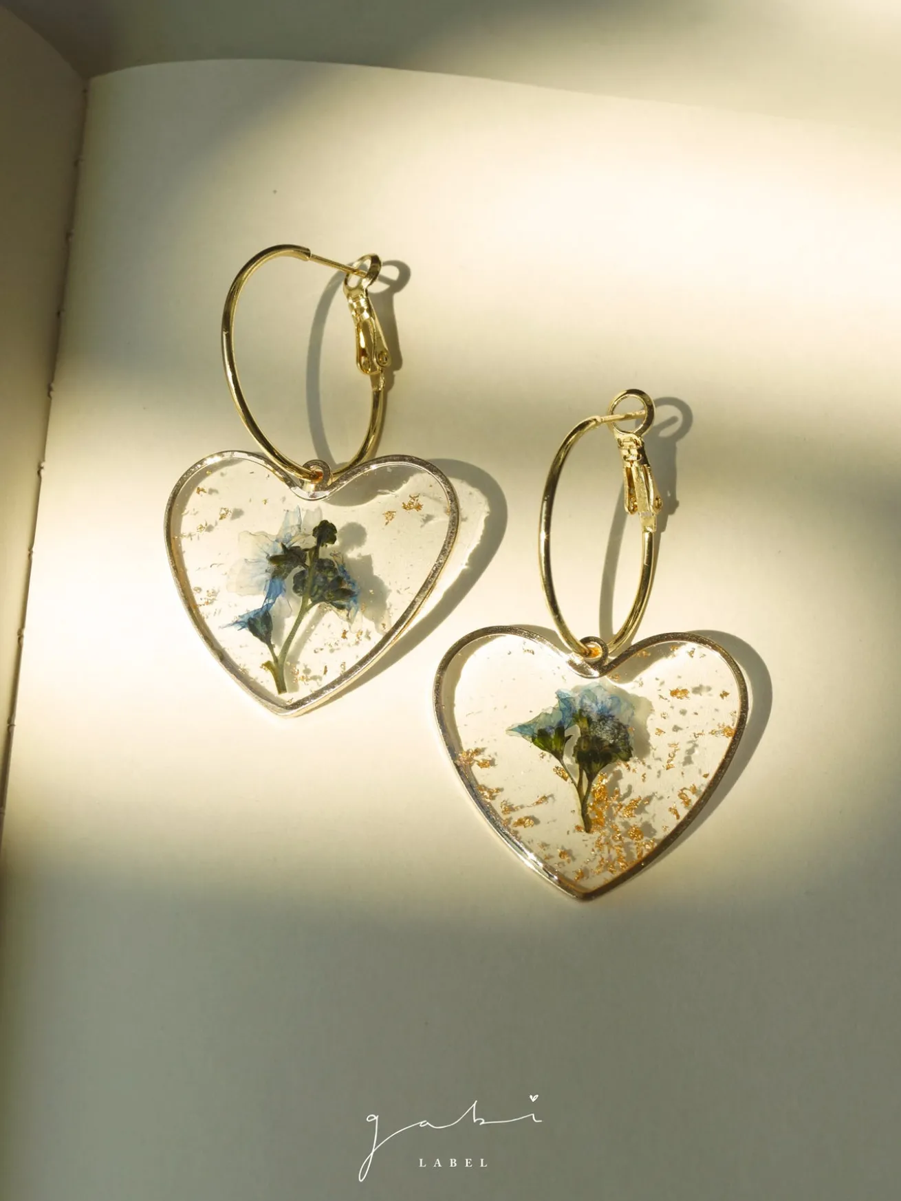 Pressed Flower Heart Hoops - Blue