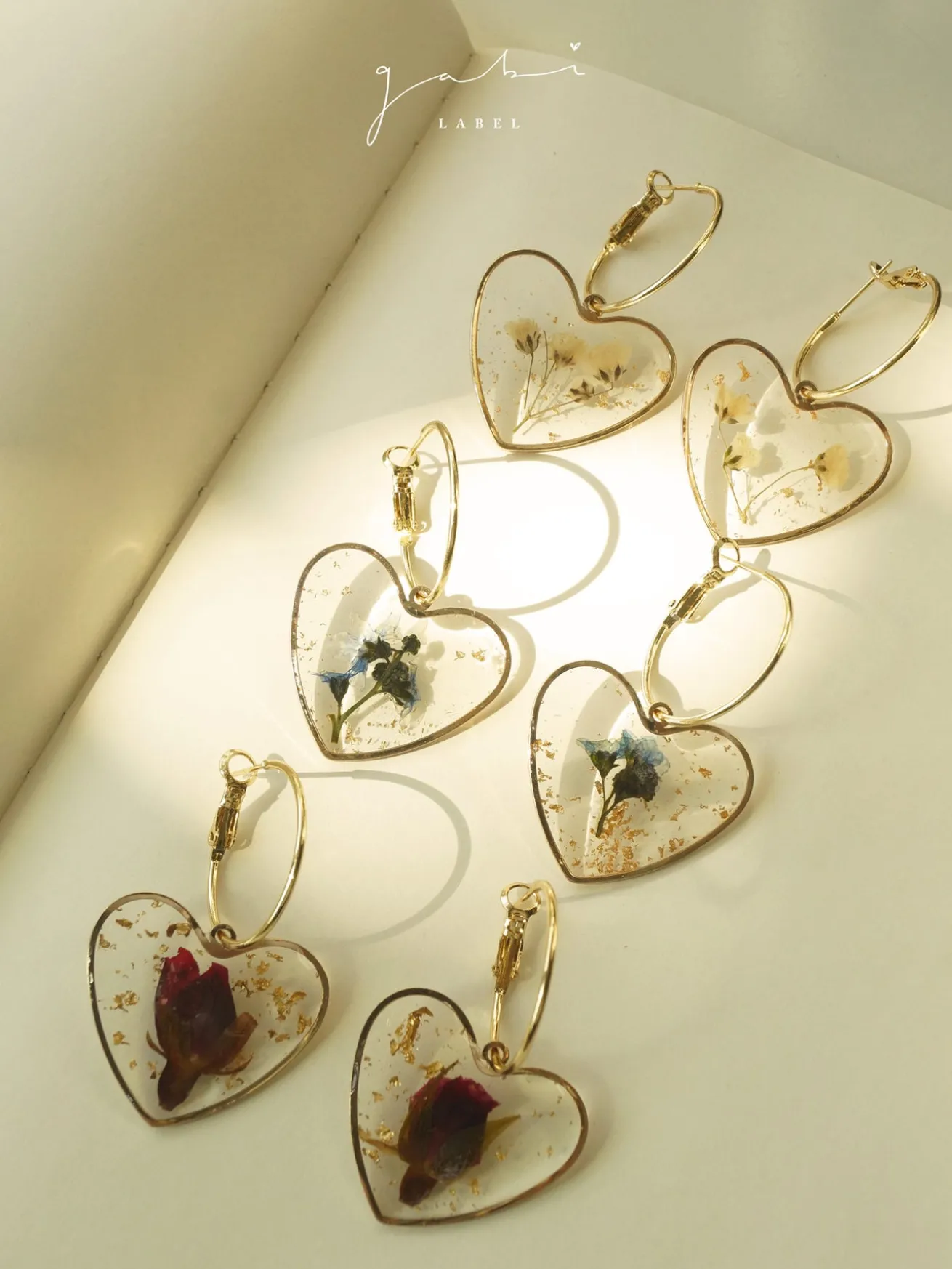 Pressed Flower Heart Hoops - Red