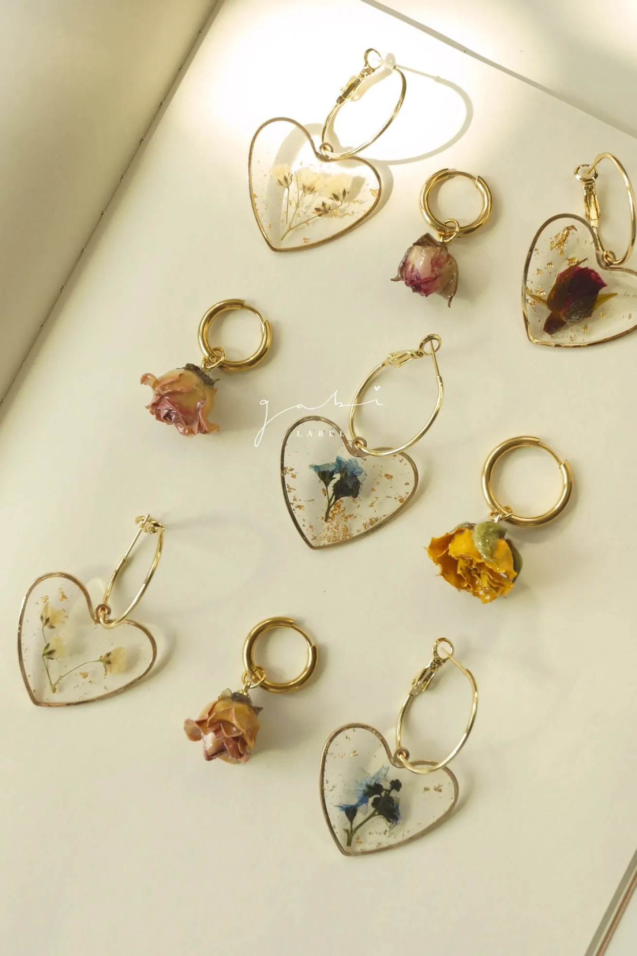 Pressed Flower Heart Hoops - Red