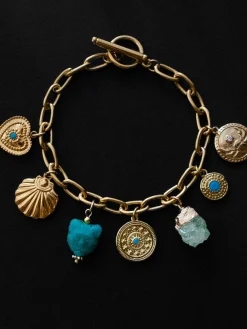 Protection Charms Chunky Gold Bracelet - Turquoise Elements
