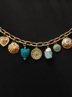 Protection Charms Chunky Gold Bracelet - Turquoise Elements