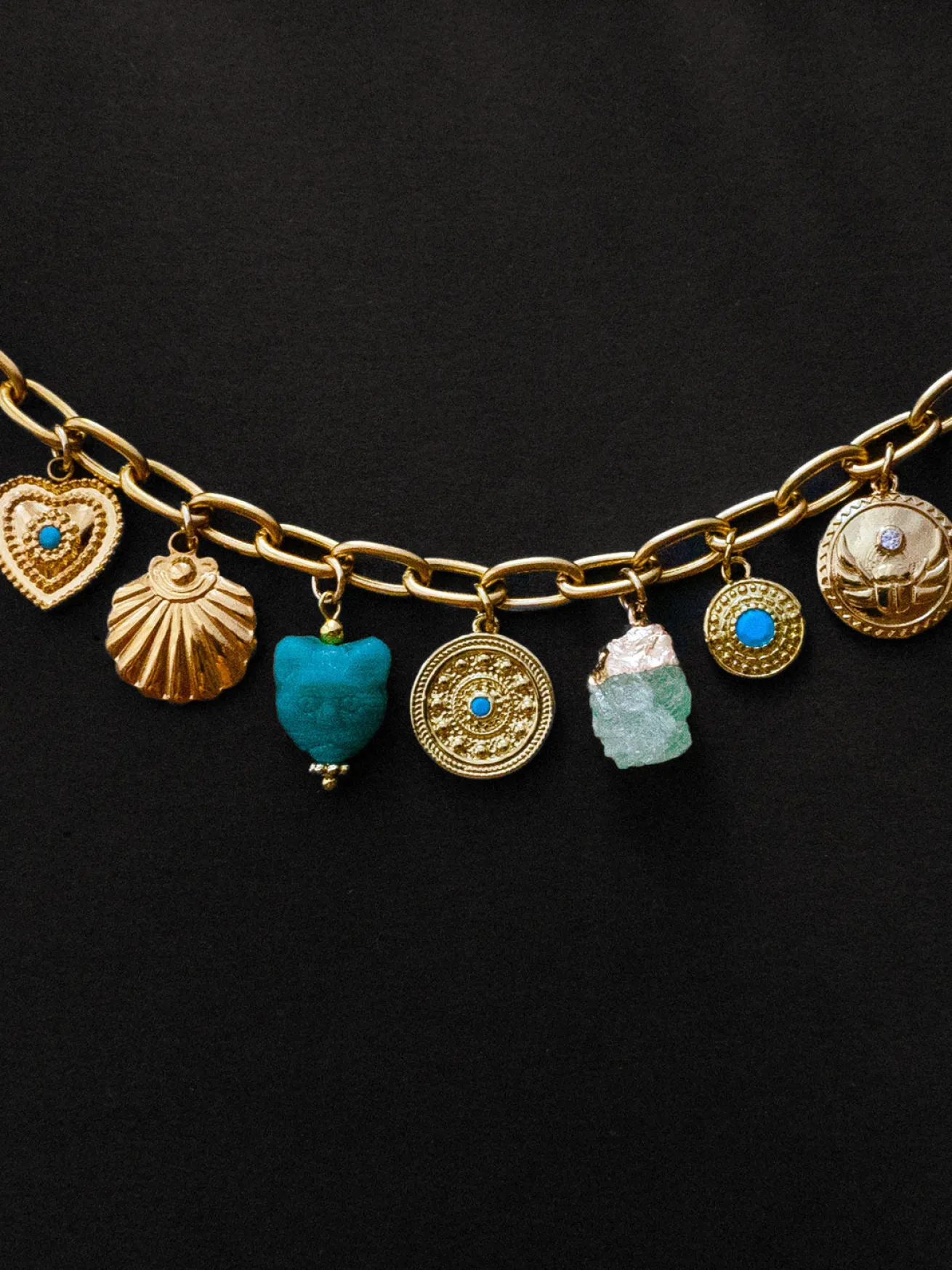 Protection Charms Chunky Gold Bracelet - Turquoise Elements