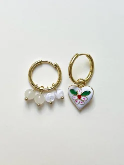 Quirky Mismatched Hoops with Natural Stones - White