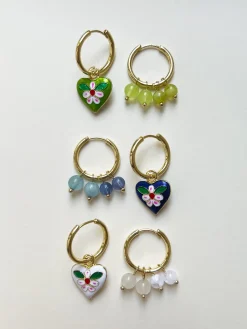 Quirky Mismatched Hoops with Natural Stones - White