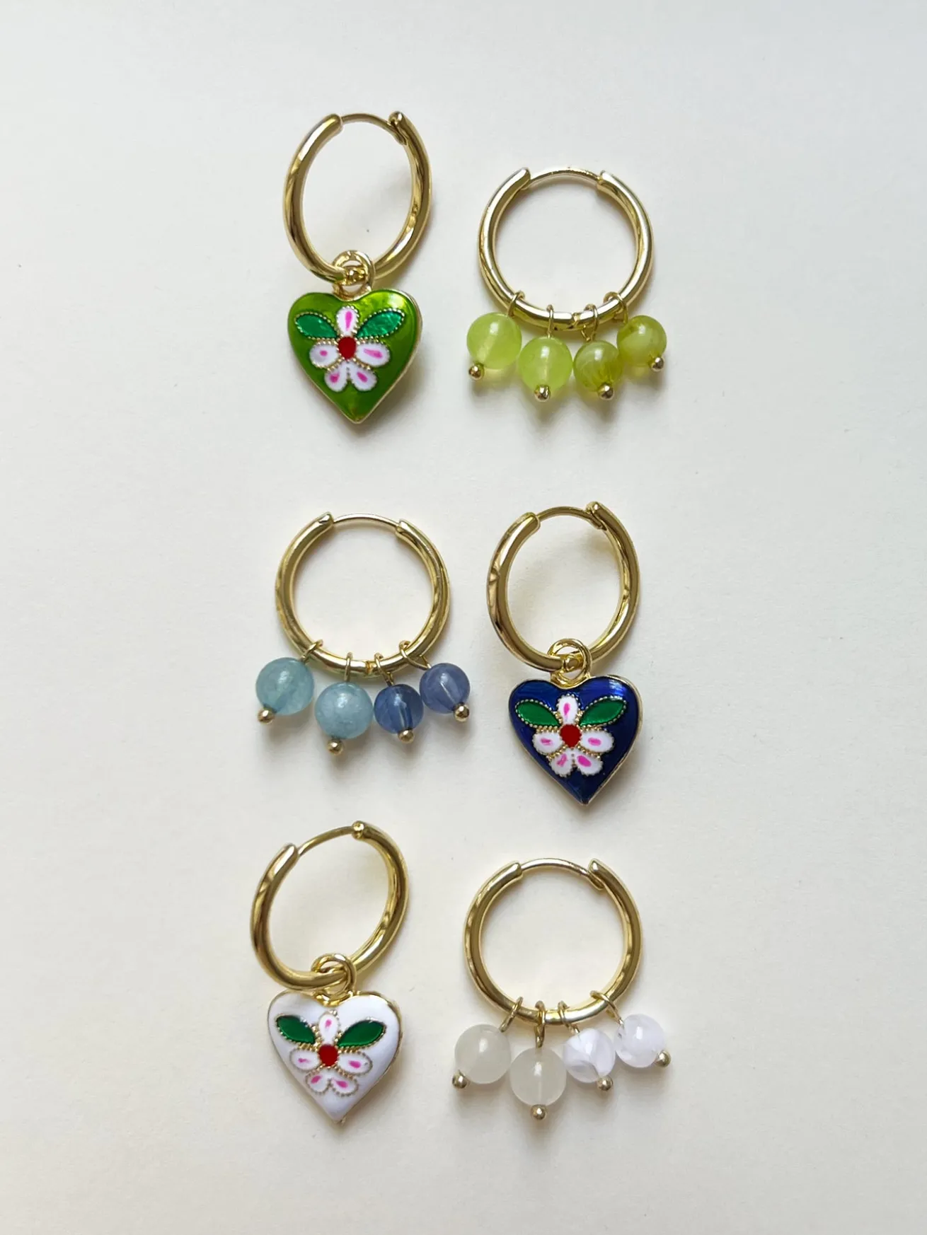 Quirky Mismatched Hoops with Natural Stones - White