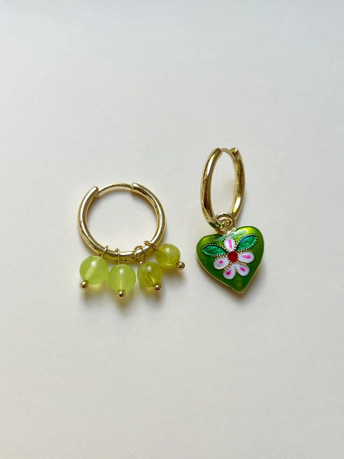 Quirky Mismatched Hoops with Natural Stones - Green