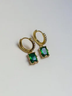 Rectangular Gemstone Pavé Huggies - Emerald Green
