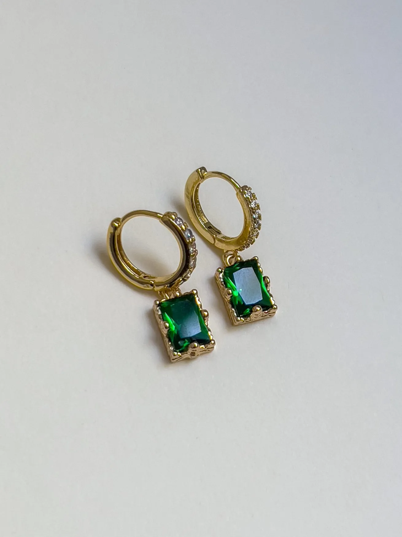 Rectangular Gemstone Pavé Huggies - Emerald Green