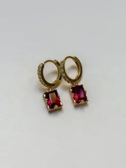 Rectangular Gemstone Pavé Huggies - Garnet Red