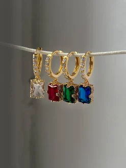 Rectangular Gemstone Pavé Huggies - Garnet Red