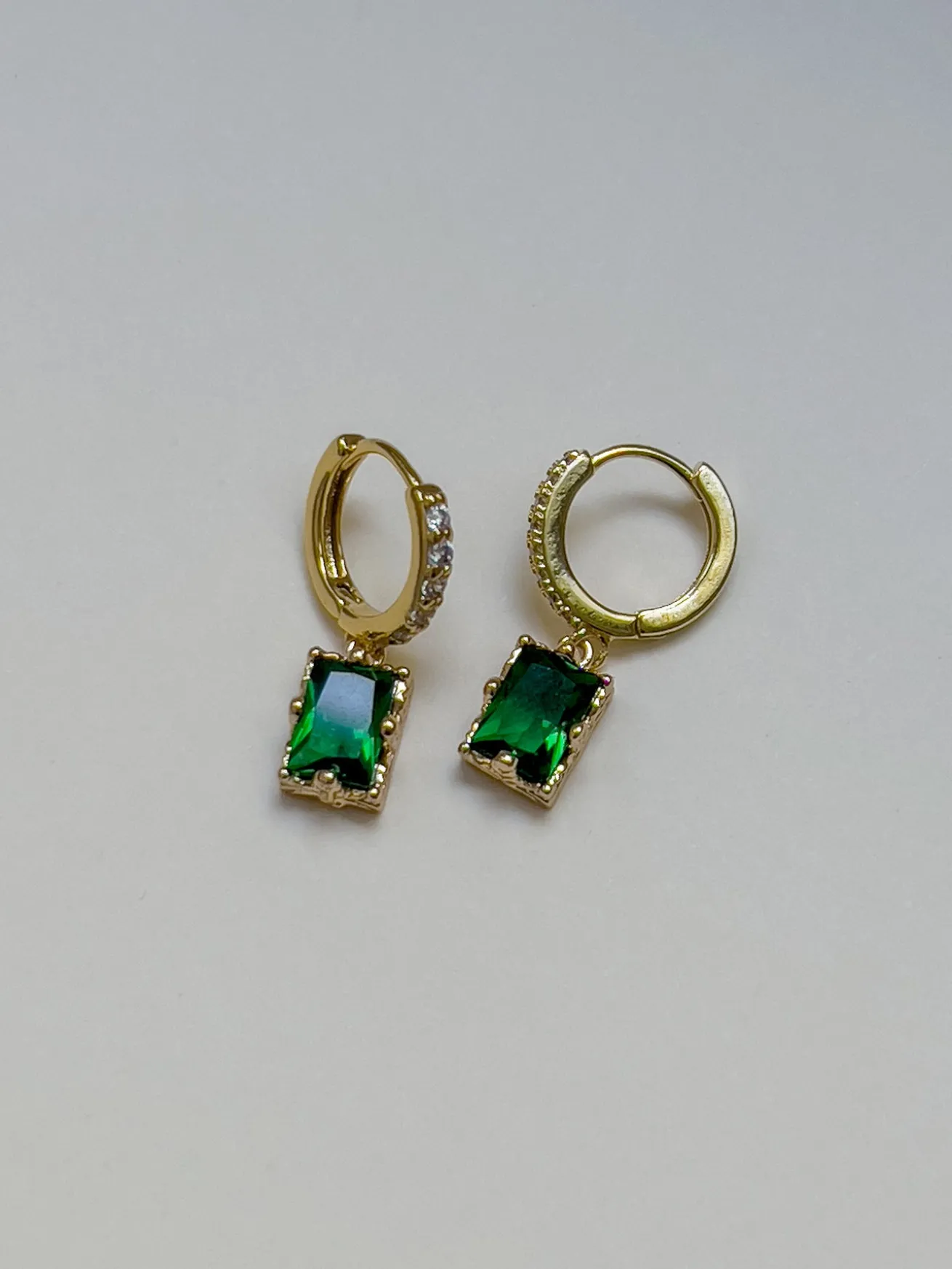 Rectangular Gemstone Pavé Huggies - Emerald Green