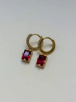 Rectangular Gemstone Pavé Huggies - Garnet Red