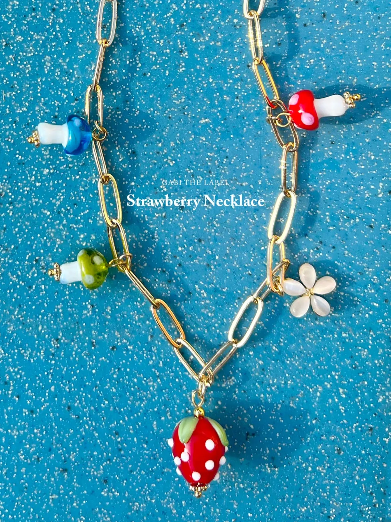 Red Strawberry Charm Necklace with Colourful Mushrooms