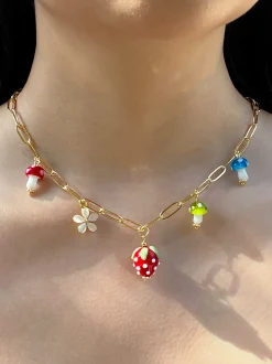 Red Strawberry Charm Necklace with Colourful Mushrooms