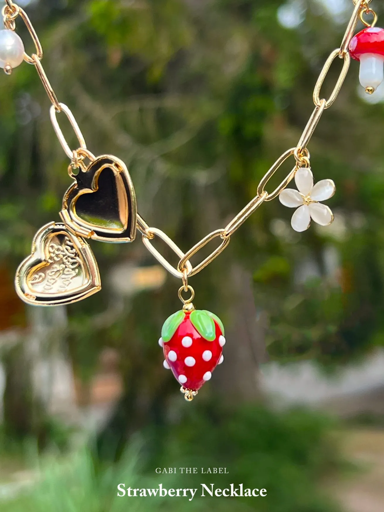 Red Strawberry Charm Necklace with Locket