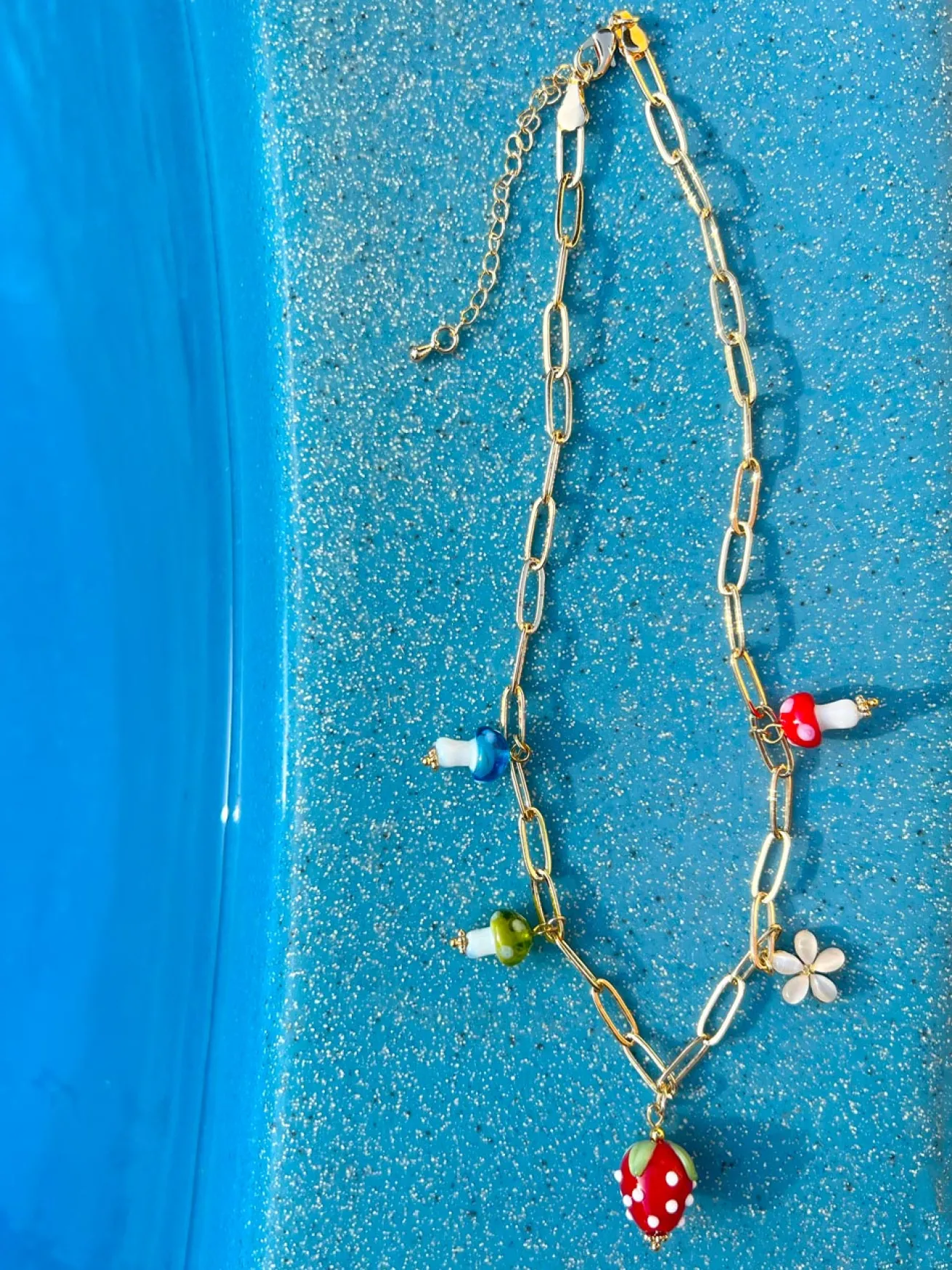 Red Strawberry Charm Necklace with Colourful Mushrooms