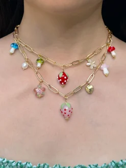 Red Strawberry Charm Necklace with Colourful Mushrooms