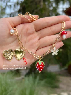 Red Strawberry Charm Necklace with Locket