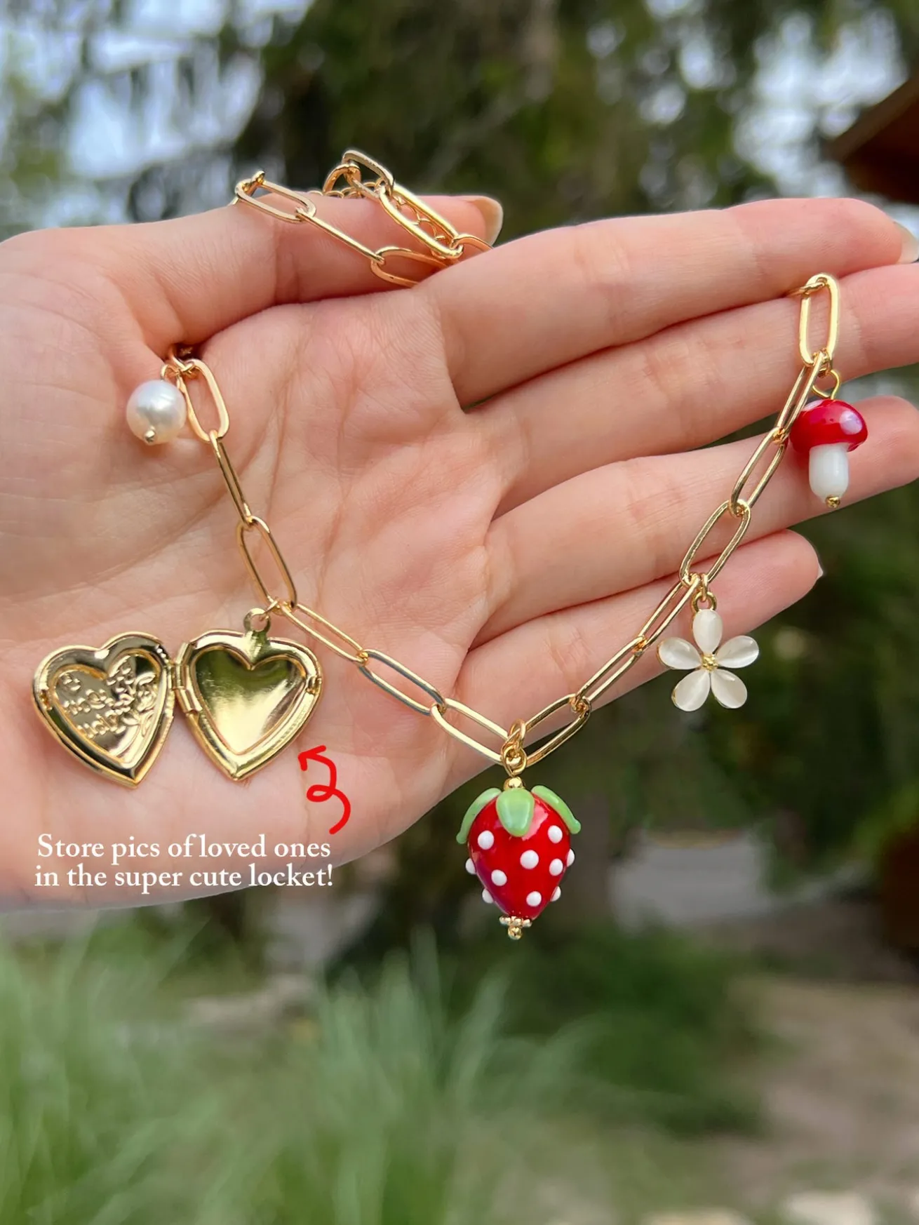 Red Strawberry Charm Necklace with Locket