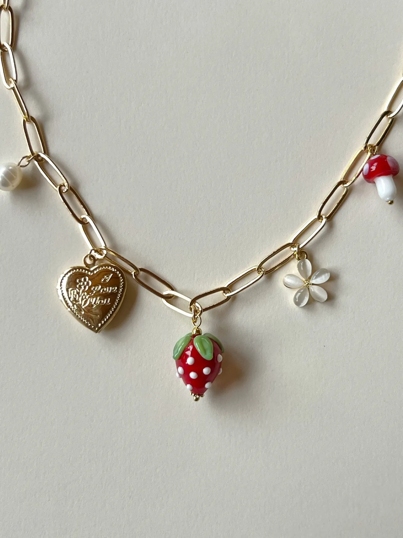 Red Strawberry Charm Necklace with Locket