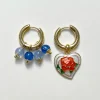 Rose Heart Mismatched Hoops with Blue Natural Stones