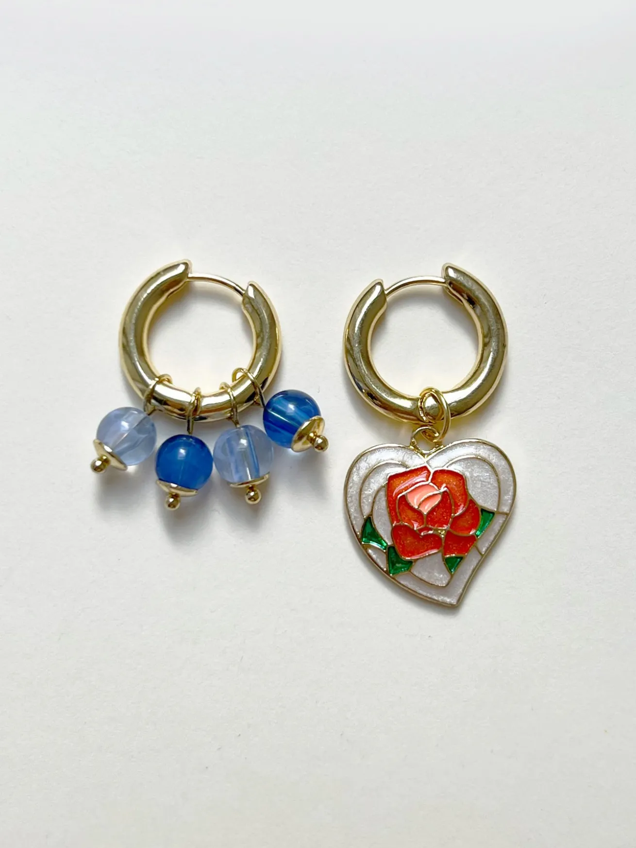 Rose Heart Mismatched Hoops with Blue Natural Stones