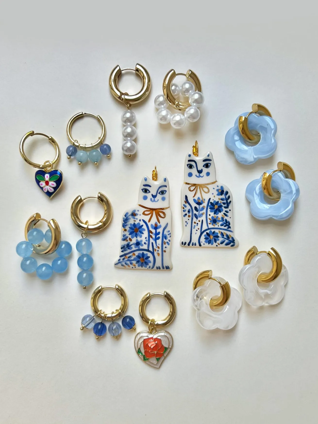 Rose Heart Mismatched Hoops with Blue Natural Stones