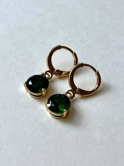 Round Gemstone Huggies - Emerald Green
