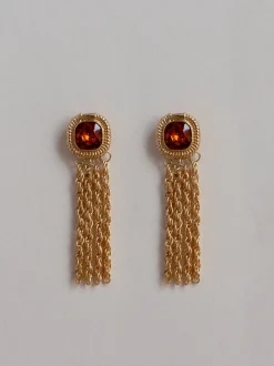 Royal Gemstones Dangling Chain Earrings - Brownish Red