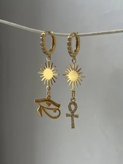 Starburst Mismatched Pavé Huggies - Ankh/Eye of Horus
