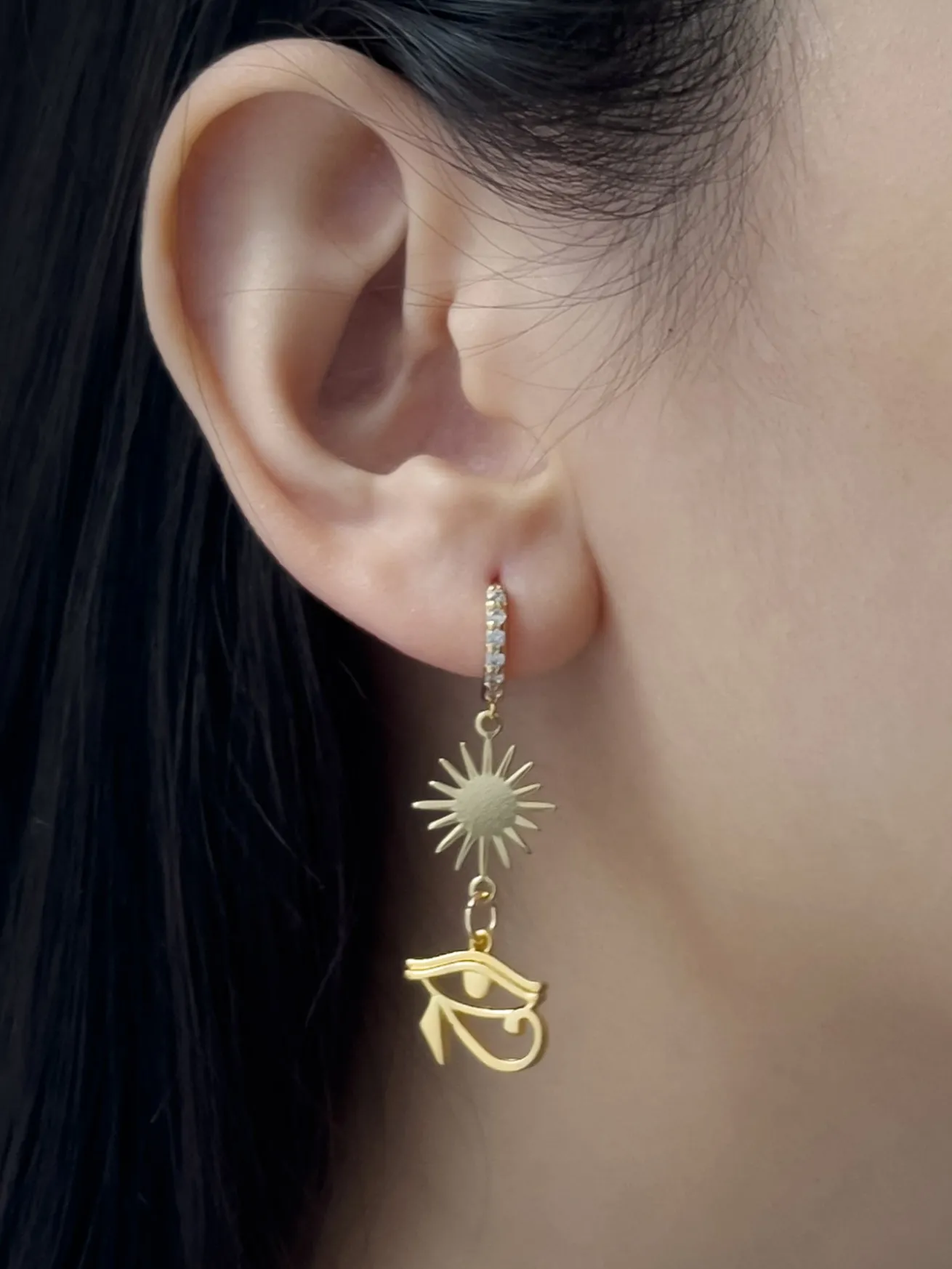 Starburst Mismatched Pavé Huggies - Ankh/Eye of Horus
