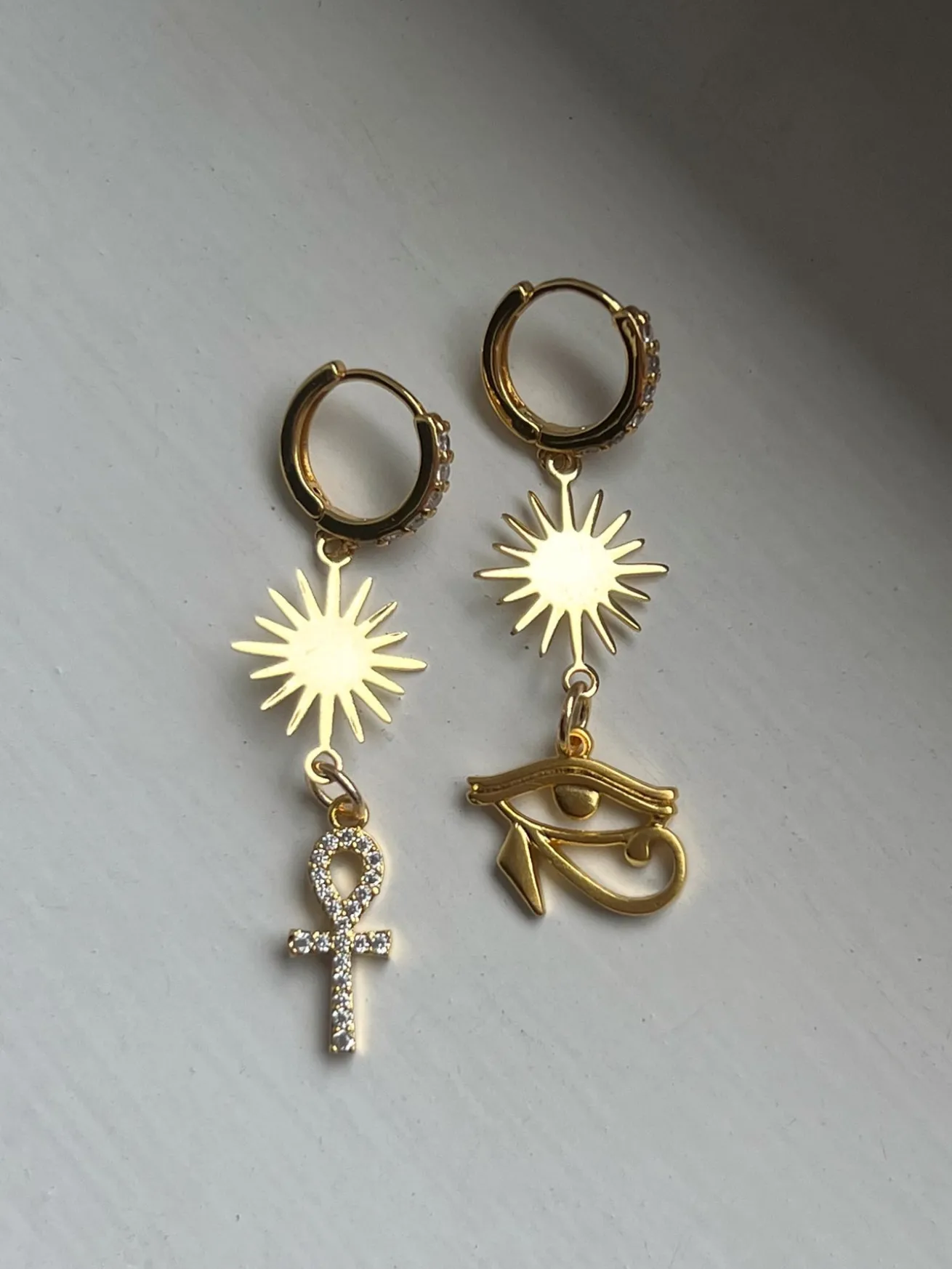 Starburst Mismatched Pavé Huggies - Ankh/Eye of Horus