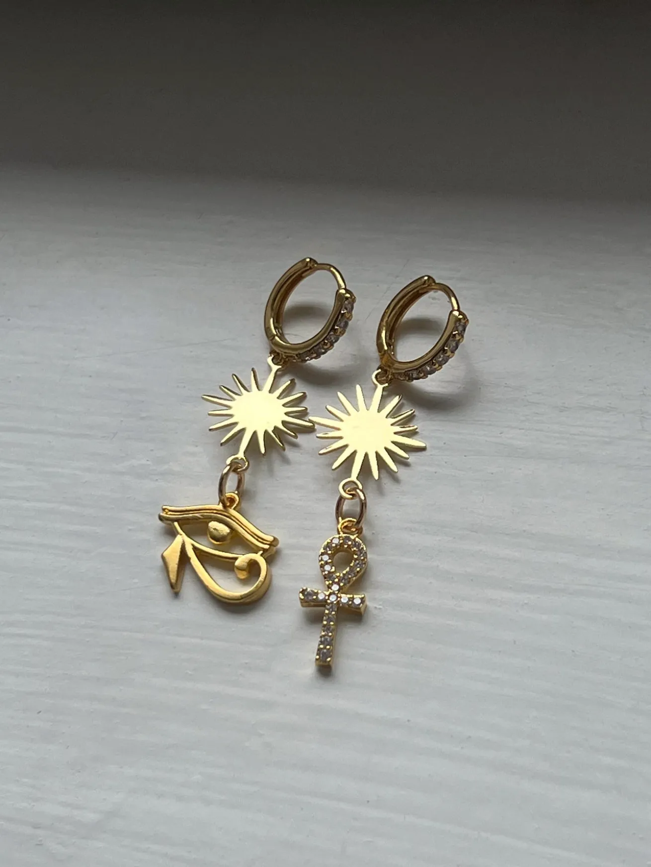 Starburst Mismatched Pavé Huggies - Ankh/Eye of Horus
