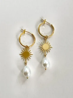 Starburst Teardrop Pearl Hoop Earrings